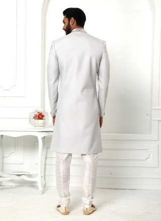 Sherwani Embroidered Art Silk in Grey