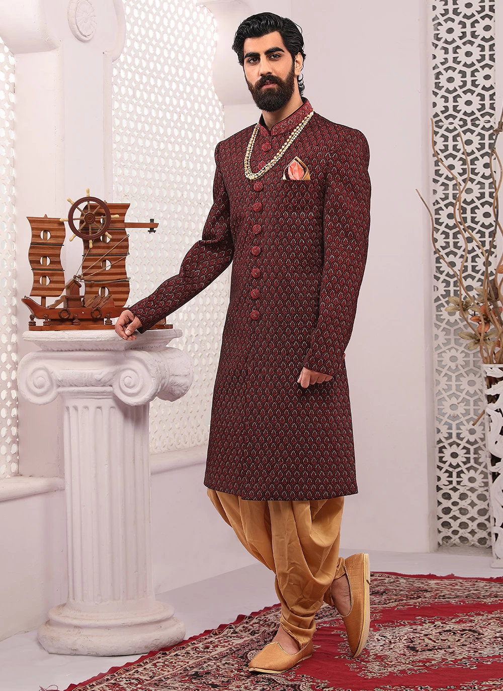 Shop Online Sherwani Embroidered Velvet in Maroon 227418