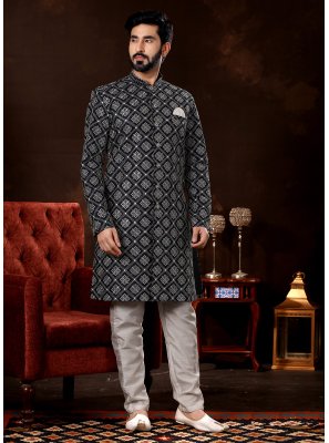 Sherwani Lucknowi work Fancy Fabric in Navy Blue