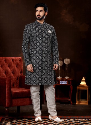 Sherwani Lucknowi work Fancy Fabric in Navy Blue