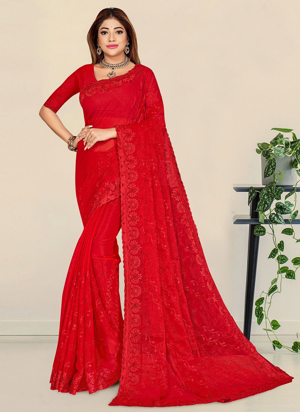 Shimmer Red Embroidered Trendy Saree