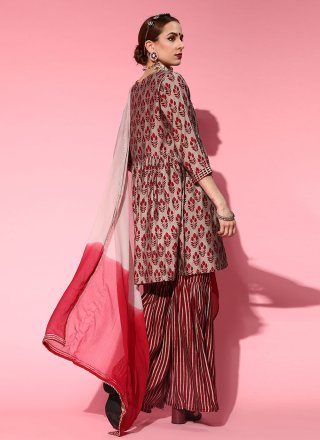 Silk Blend Embroidered Designer Palazzo Suit in Maroon
