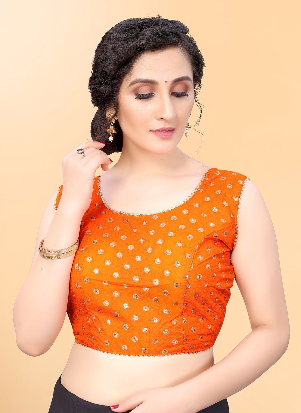 Shop Online Silk Blend Orange Polka Dotted Designer Blouse 221127