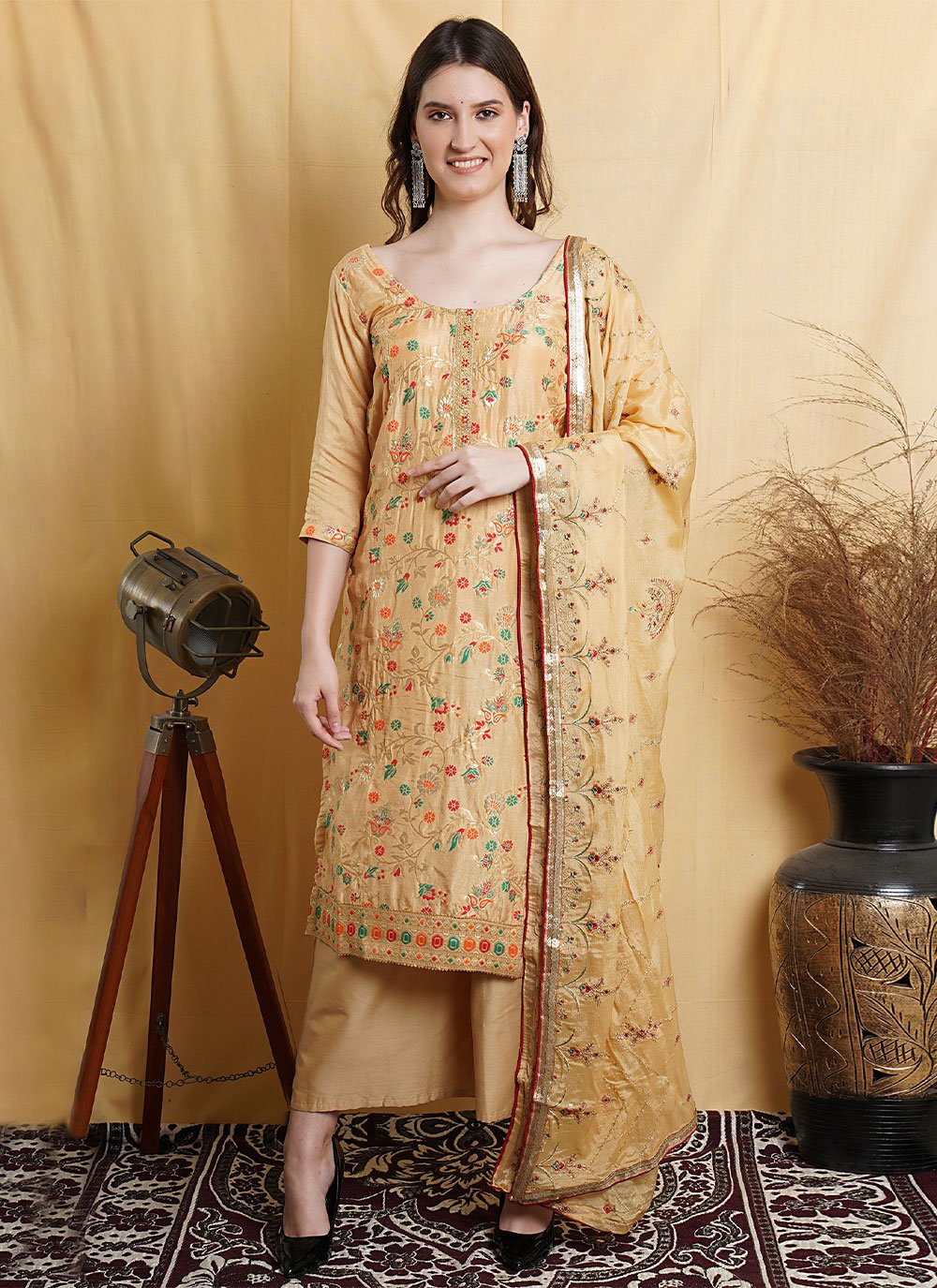 Silk Blend Straight Salwar Suit in Beige