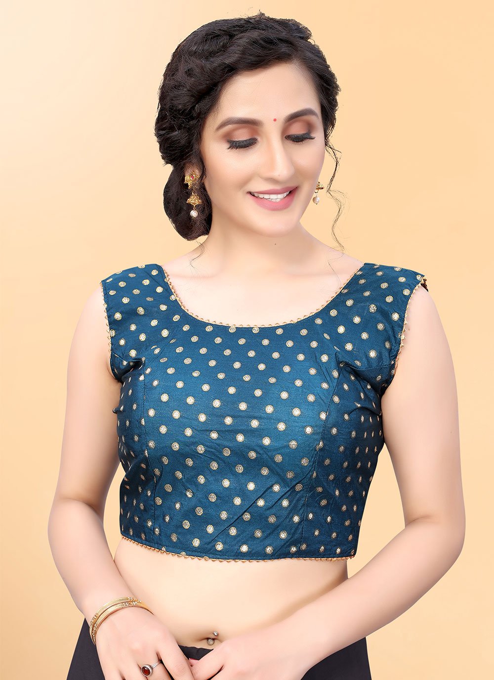 Shop Silk Blend Teal Polka Dotted Blouse Online 220433