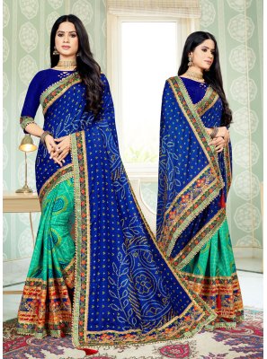 Silk Blue and Green Bandhani Saree