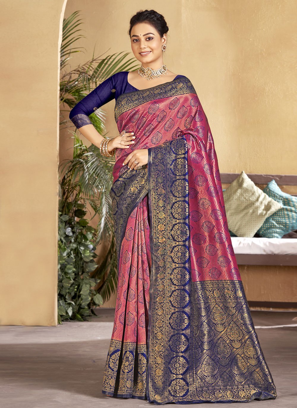 Silk Blue and Pink Embroidered Classic Designer Saree