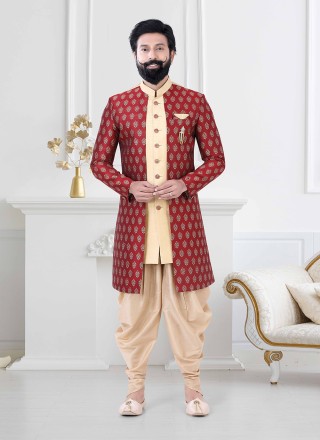 Silk Cream and Red Embroidered Indo Western
