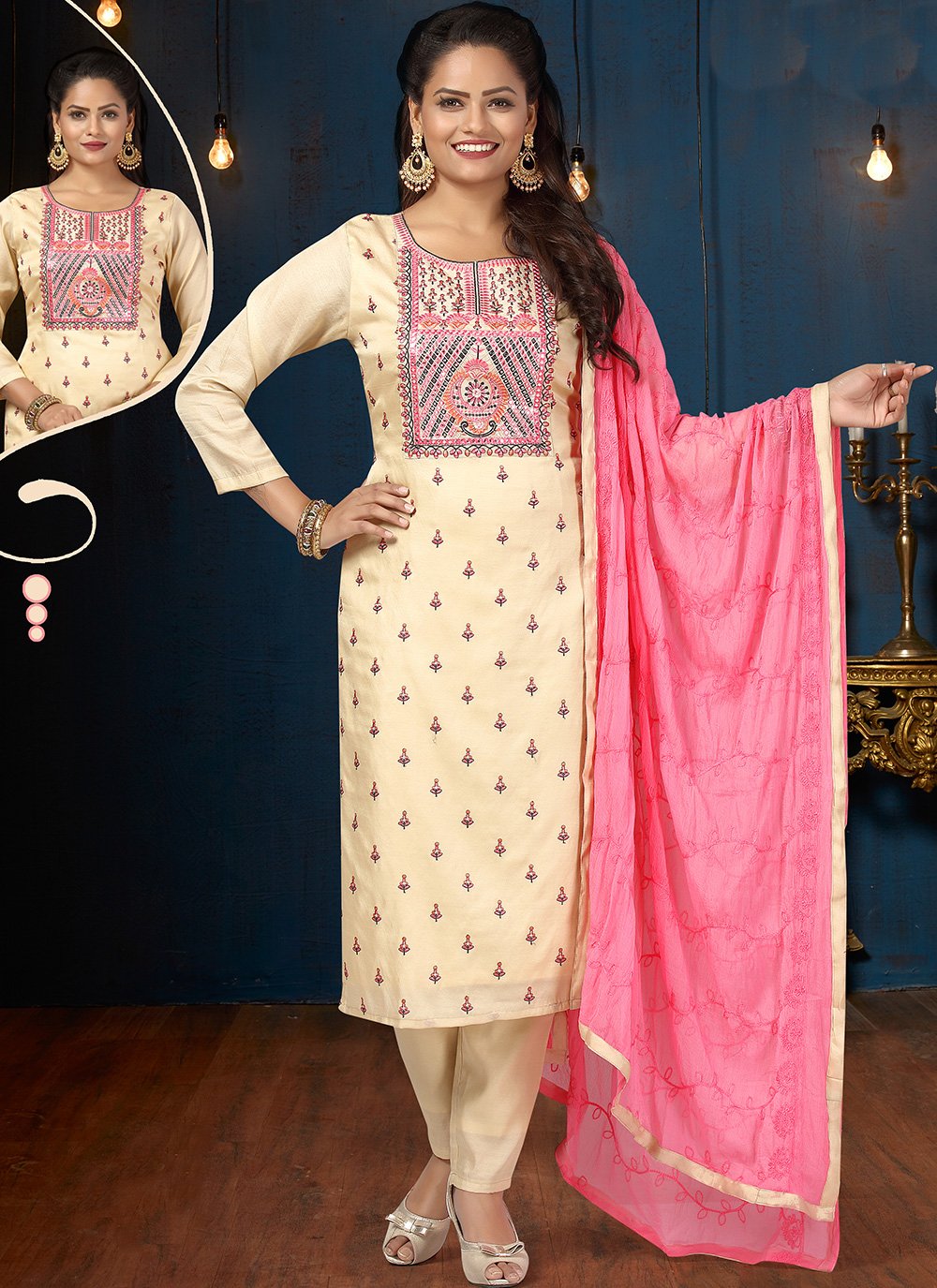 Silk Cream Readymade Designer Salwar Suit