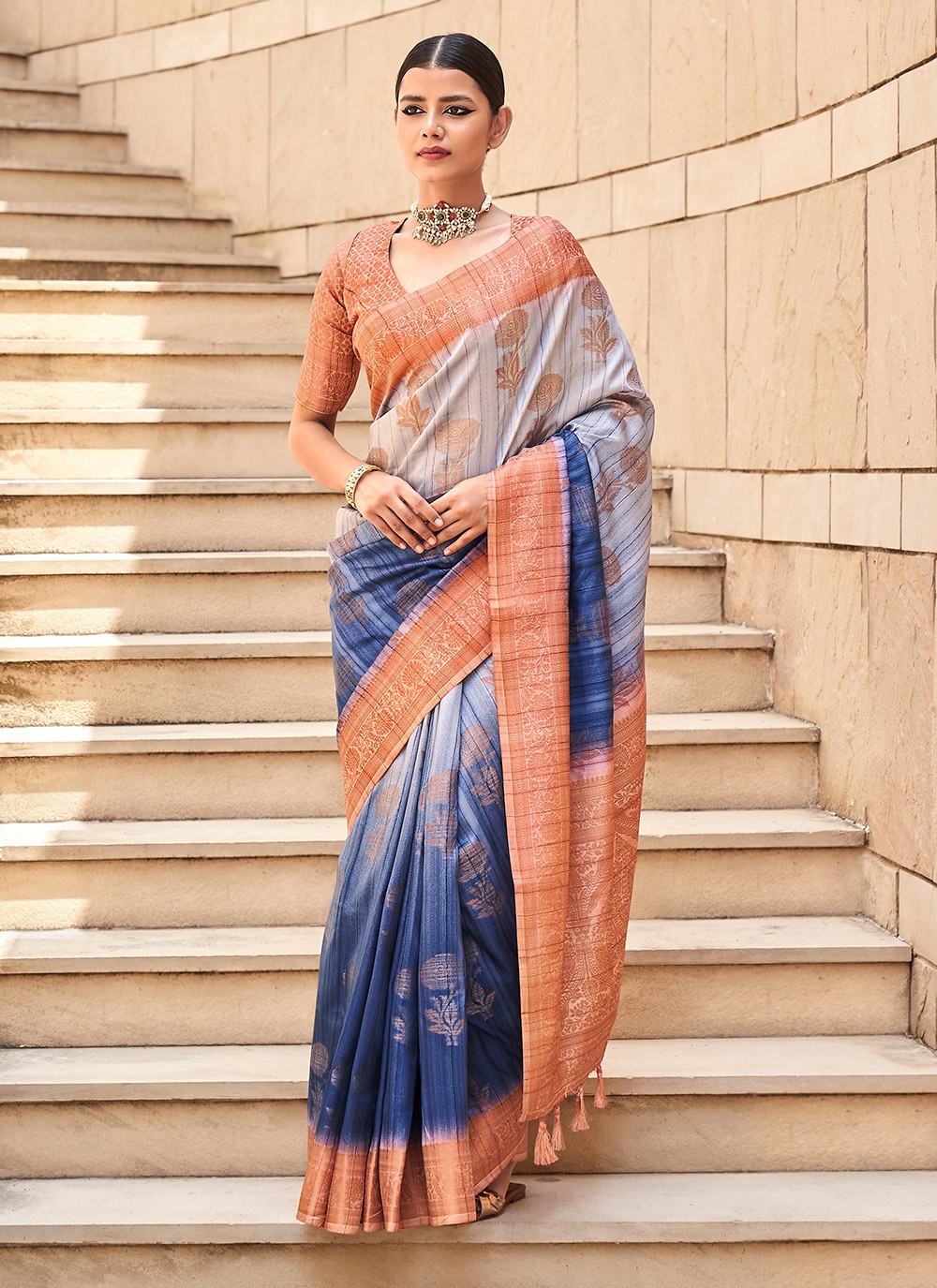 Buy Royal Blue Kanjivaram Saree Online in USA |Pinkish Orange Border – Pure  Elegance