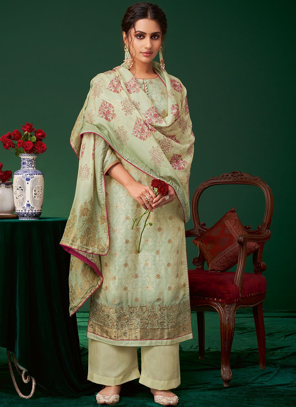 Silk Digital Print Green Designer Pakistani Suit