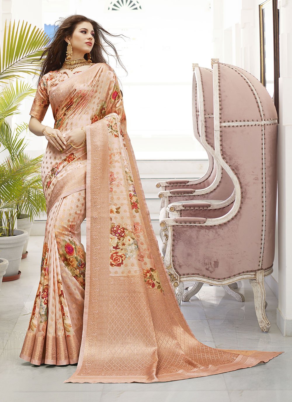 Silk Digital Print Pink Classic Saree