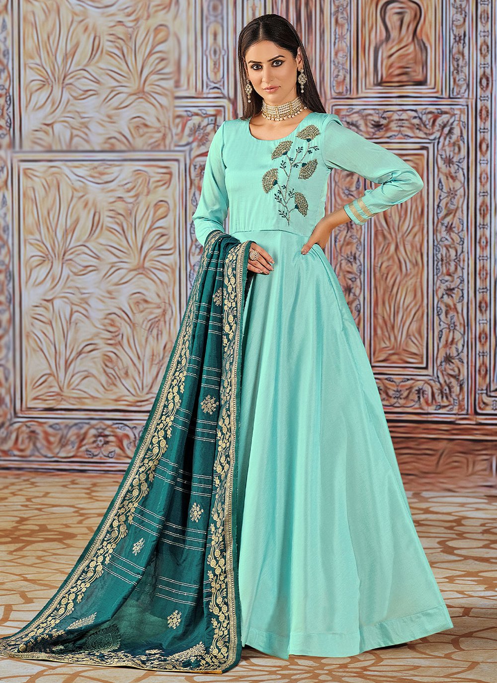 Buy Silk Embroidered Aqua Blue Salwar Kameez : 236186