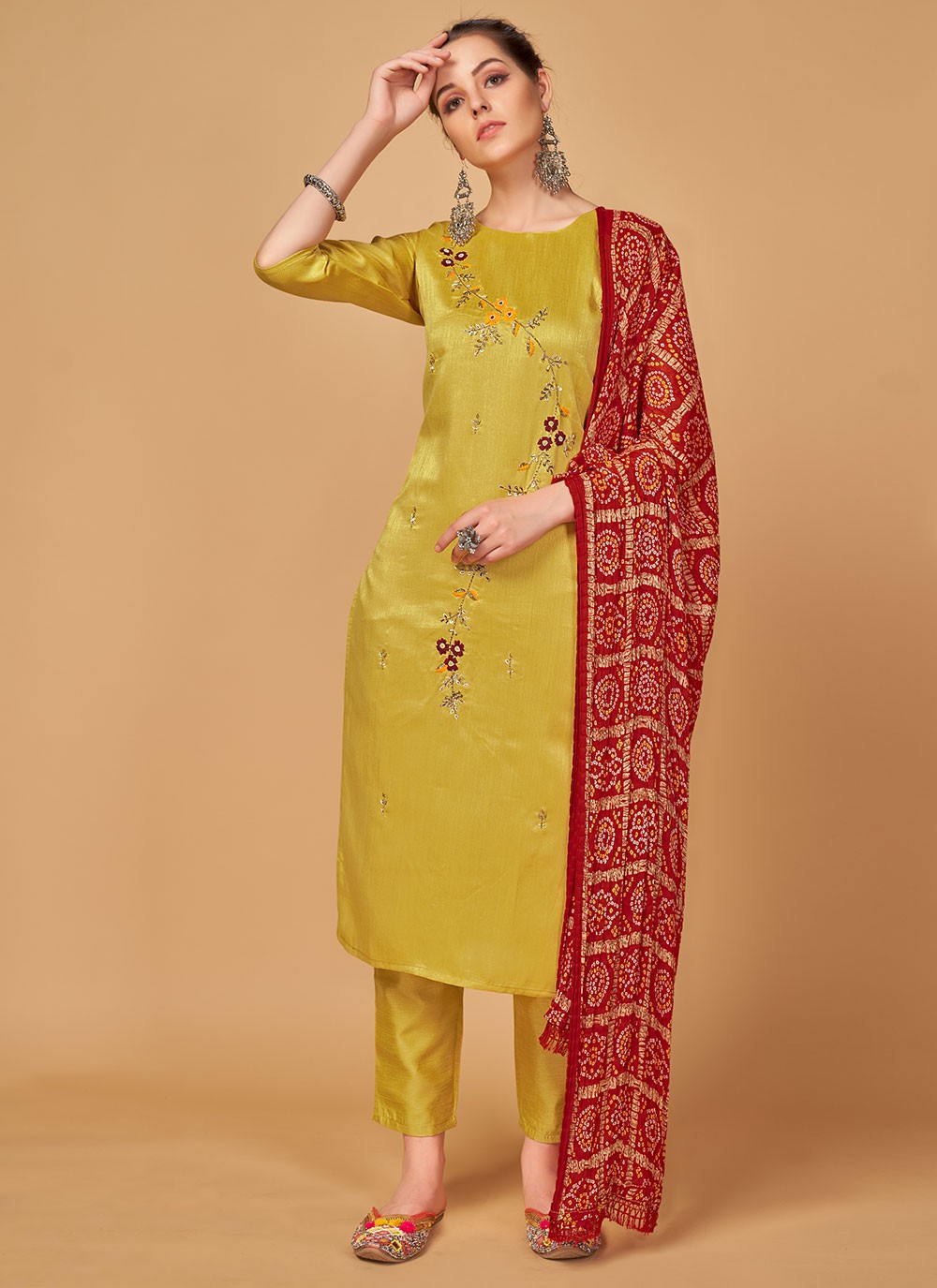 Silk Embroidered Gold Readymade Salwar Kameez