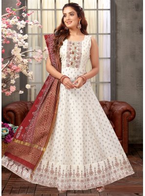 Silk Embroidered Off White Readymade Salwar Suit