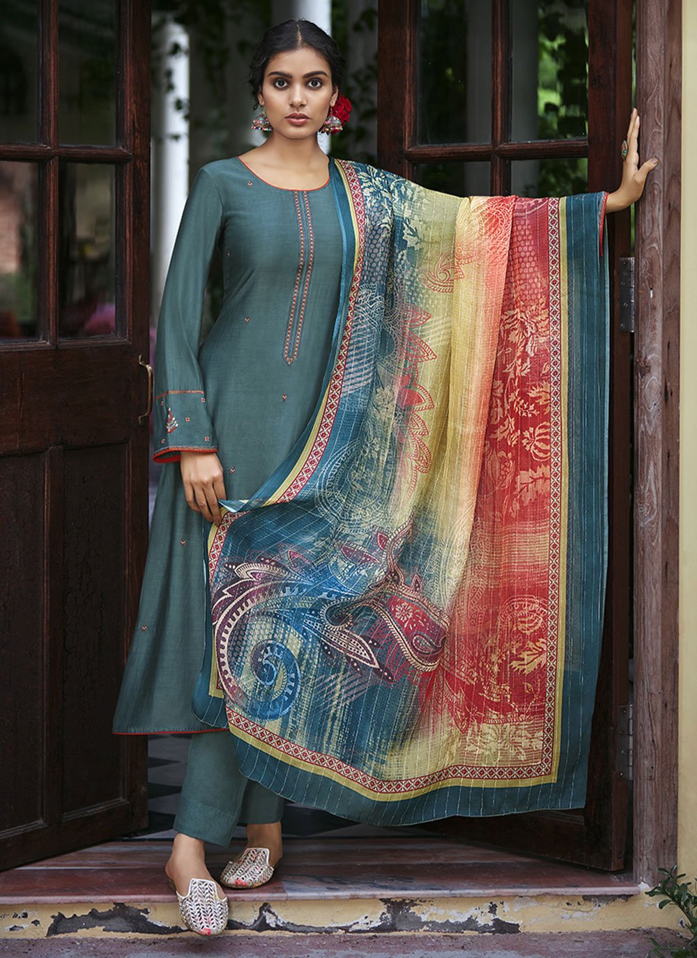 Silk Embroidered Pakistani Salwar Suit in Grey
