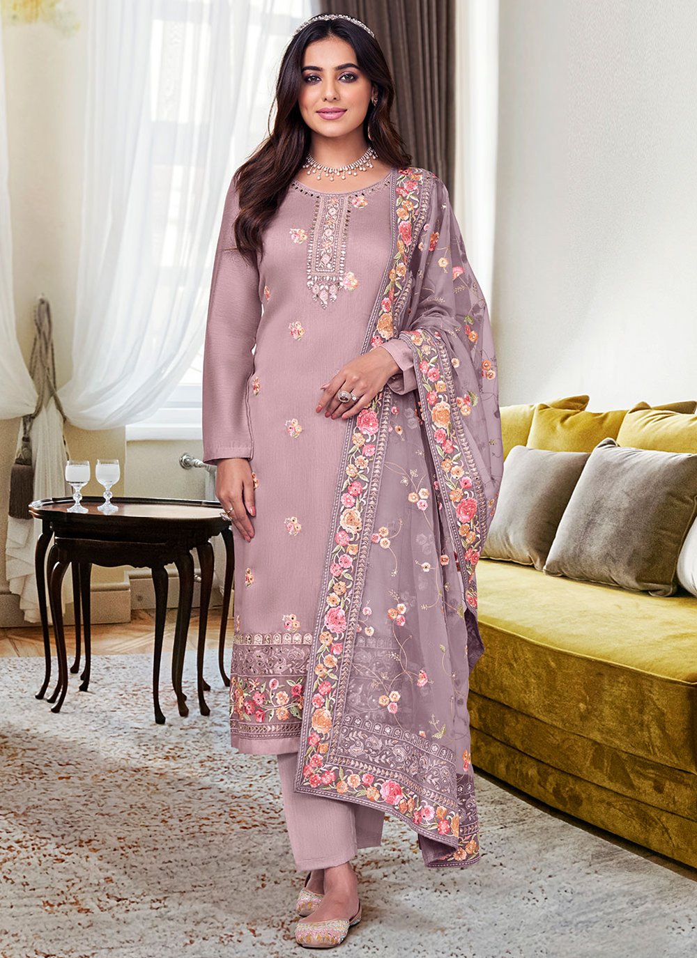 Silk Embroidered Pant Style Suit