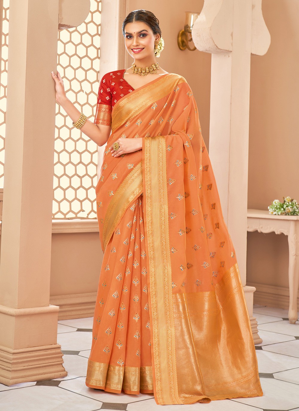 Buy Silk Embroidered Peach Traditional Designer Saree Online