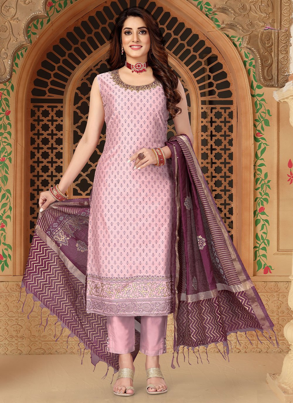Silk Embroidered Pink Salwar Kameez