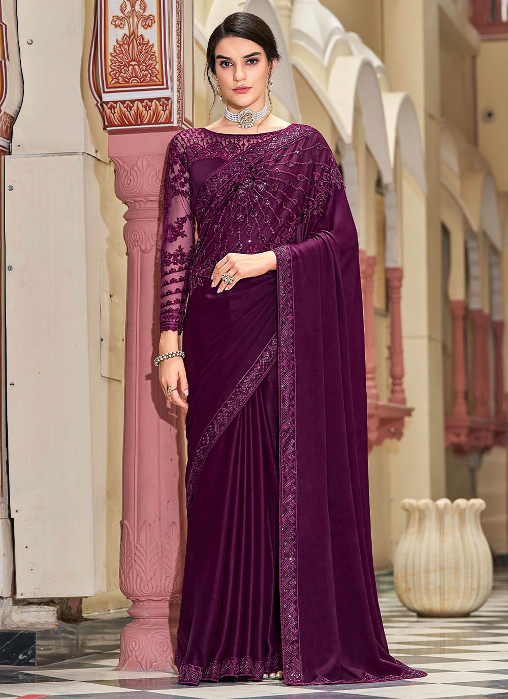 Silk Embroidered Purple Trendy Saree
