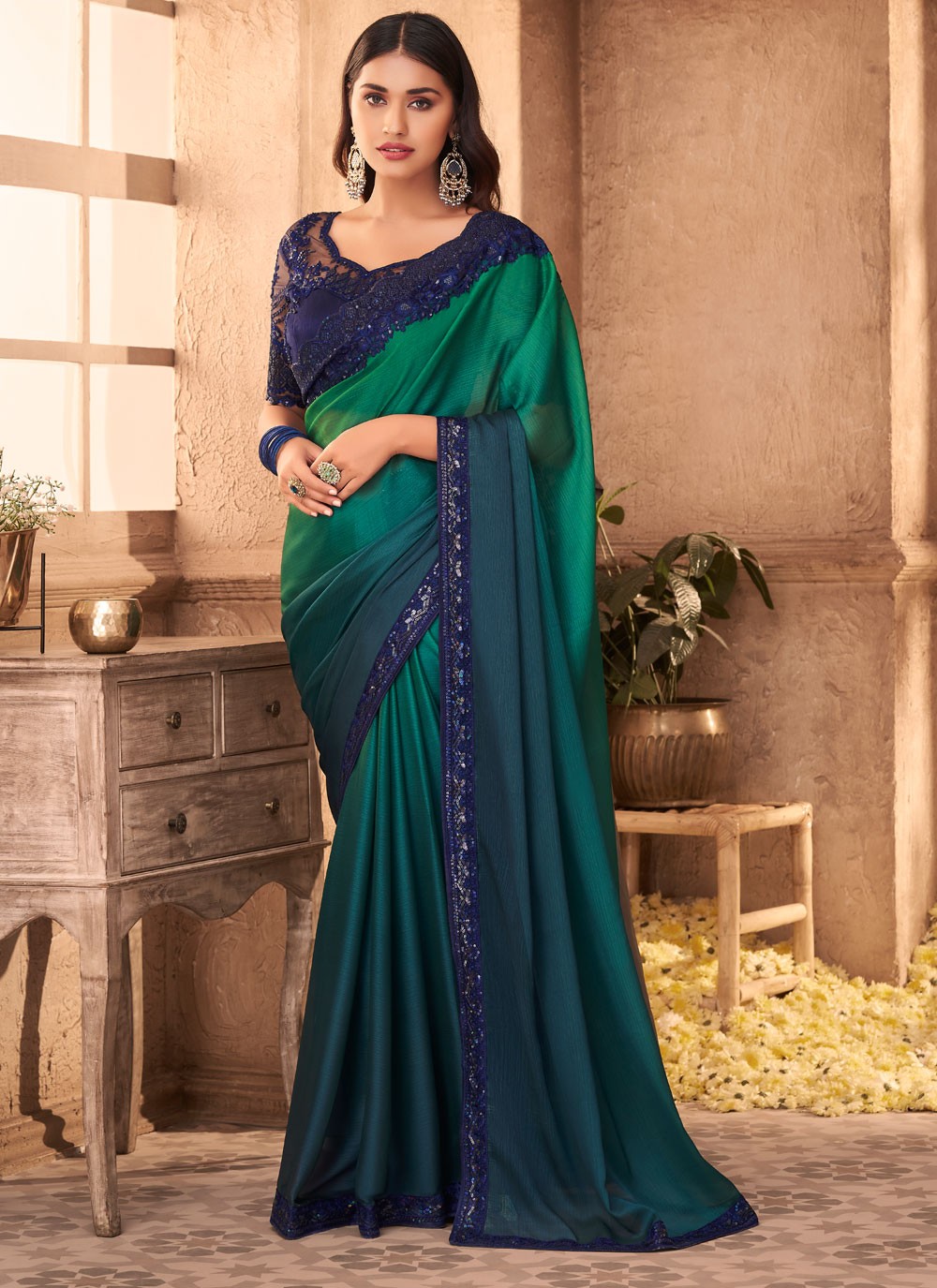 Silk Embroidered Shaded Saree in Green