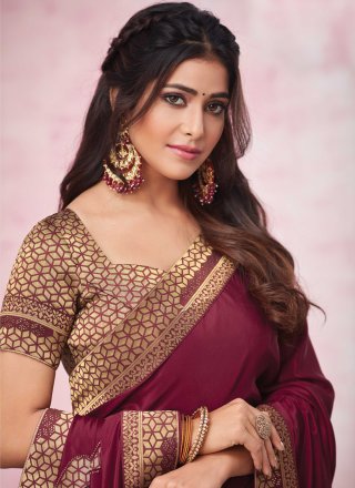 Silk Embroidered Wine Traditional Saree