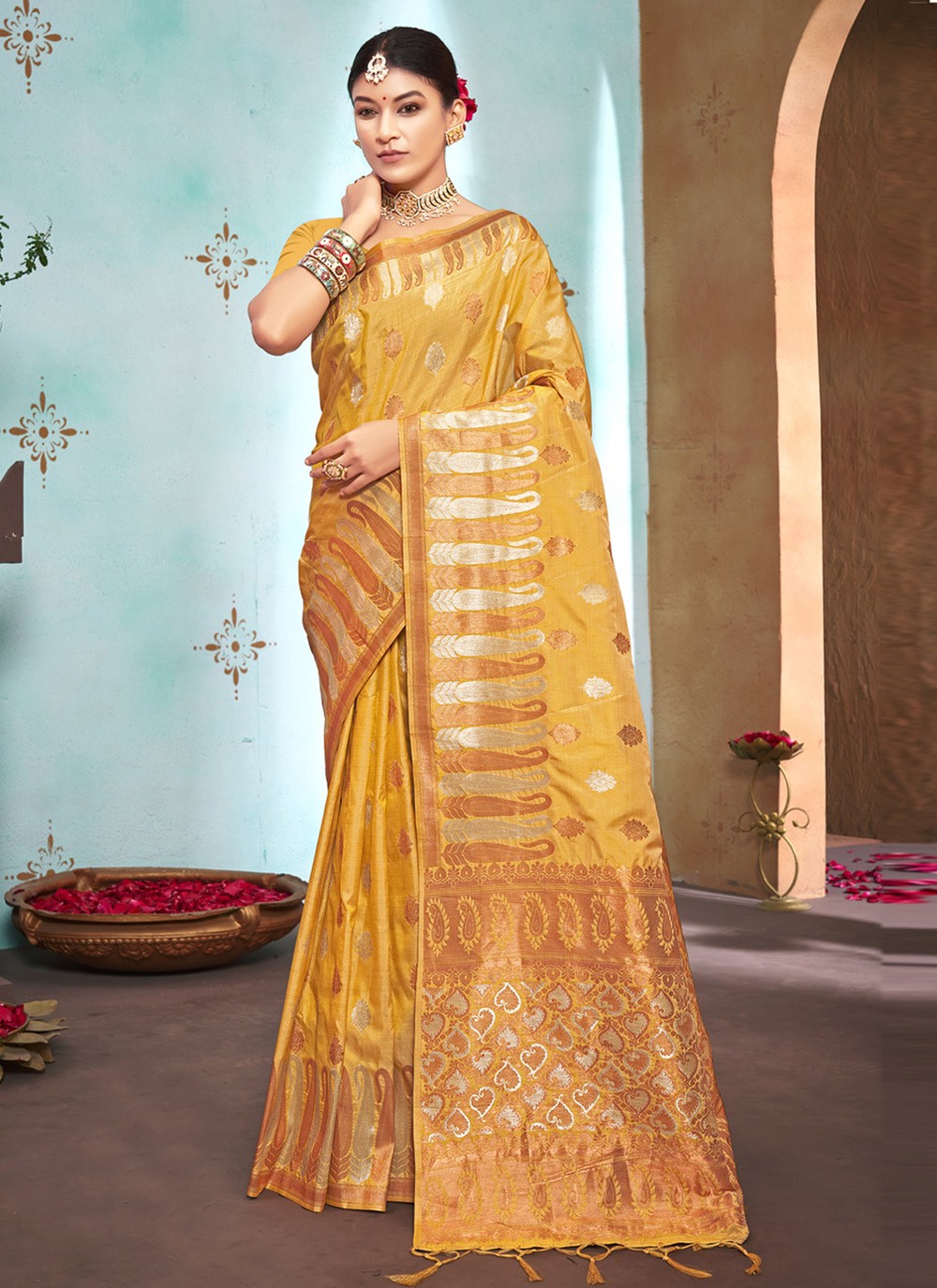 Buy Yellow & red Sarees for Women by Aldwych Online | Ajio.com