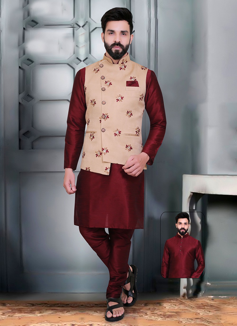 Maroon kurta sale with jacket