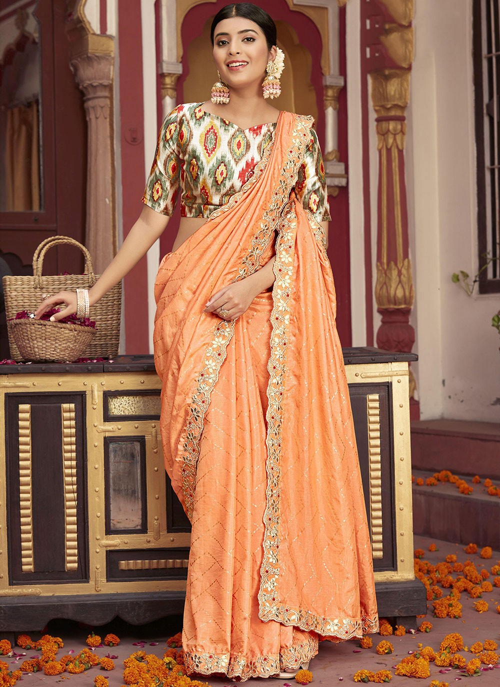 Melodic Peach- Wine Jacquard Chiffon- Silk Saree with Dark Purple Blouse