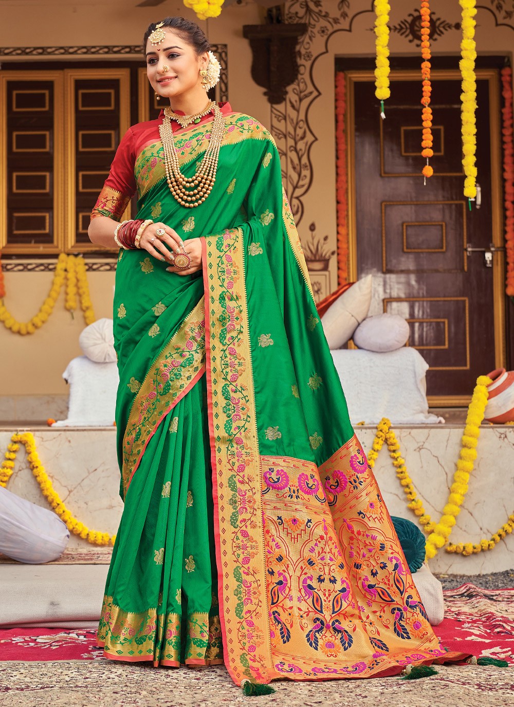 Silk Green Weaving Traditional Saree