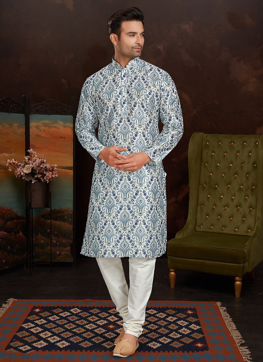 Buy Silk Kurta Pyjama in Multi Colour Online