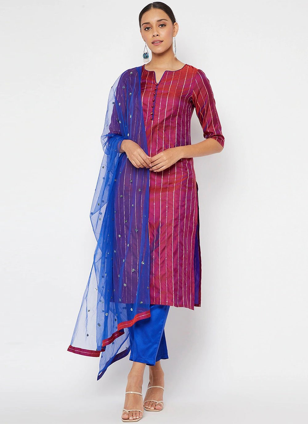 Silk Magenta Stripe Print Readymade Salwar Suit
