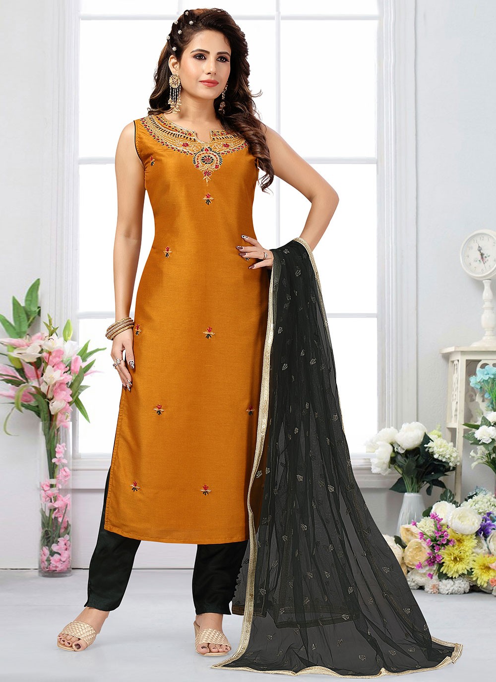Silk Mehndi Straight Salwar Suit