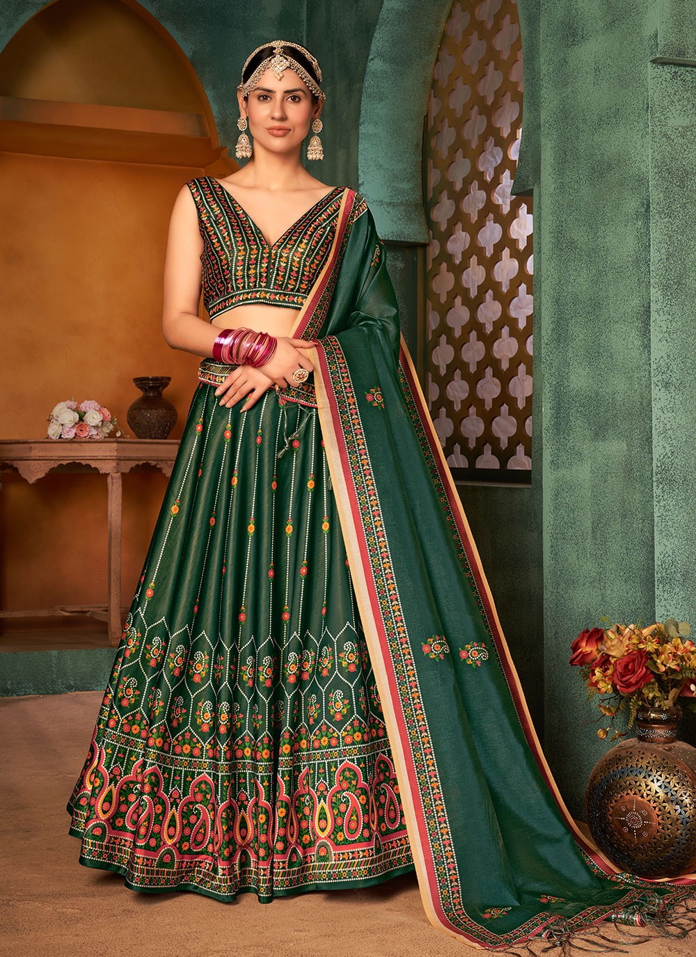 Shop Silk Multi Colour Digital Print A Line Lehenga Choli Online : 224184