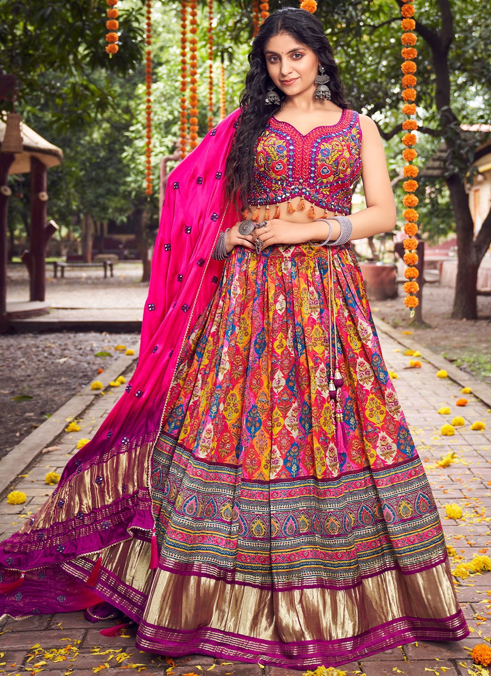 Buy Glamorous Digital Printed Crushed Pattern Sangeet Wear Lehenga Choli  Online 1612372108
