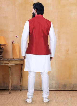 Silk Off White and Red Fancy Kurta Payjama With Jacket