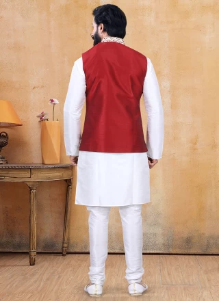 Silk Off White and Red Kurta Payjama With Jacket