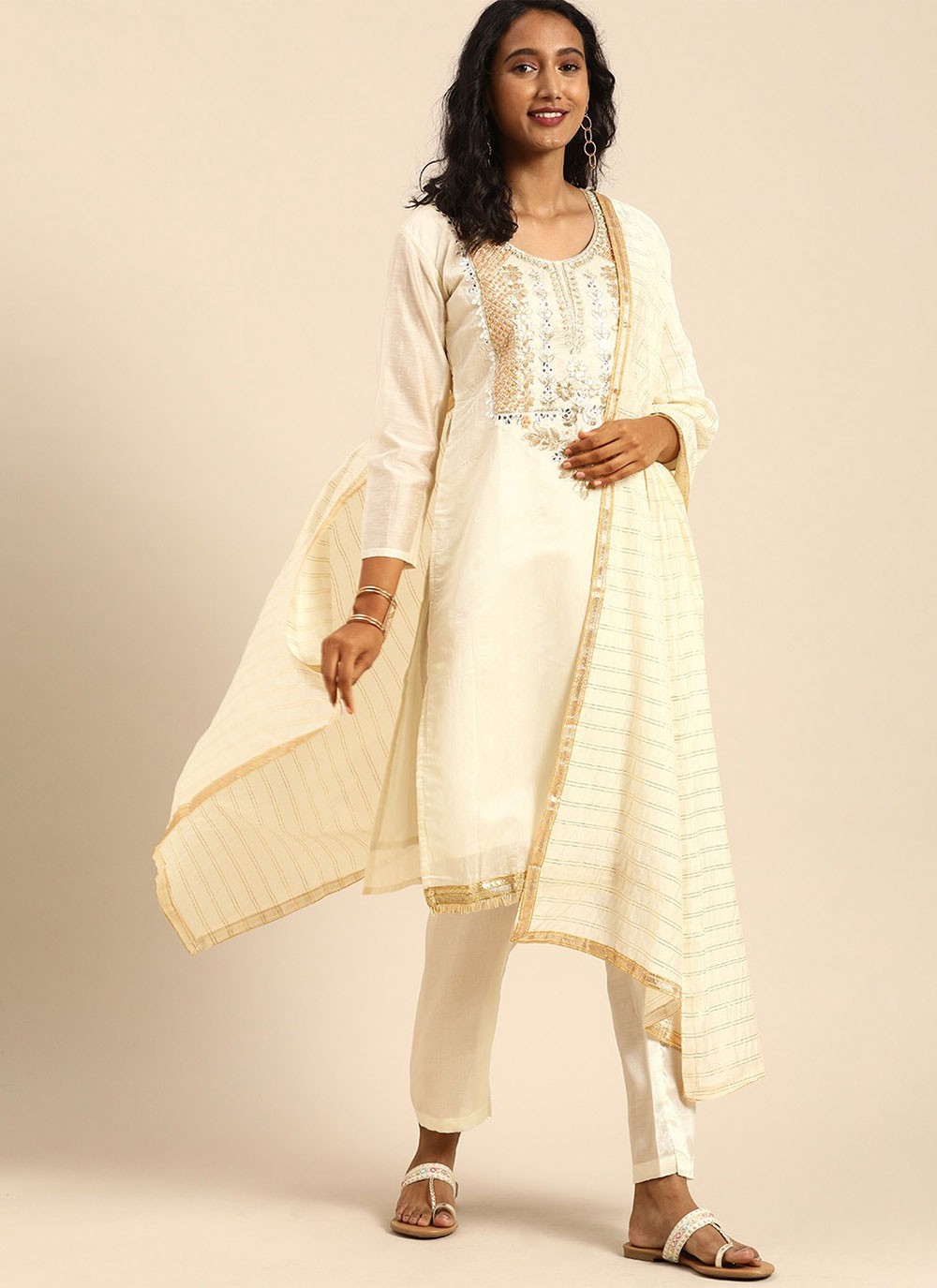Silk Off White Embroidered Trendy Salwar Kameez