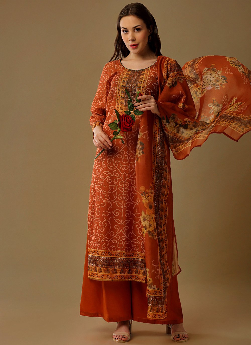 Silk Orange Floral Print Trendy Palazzo Suit