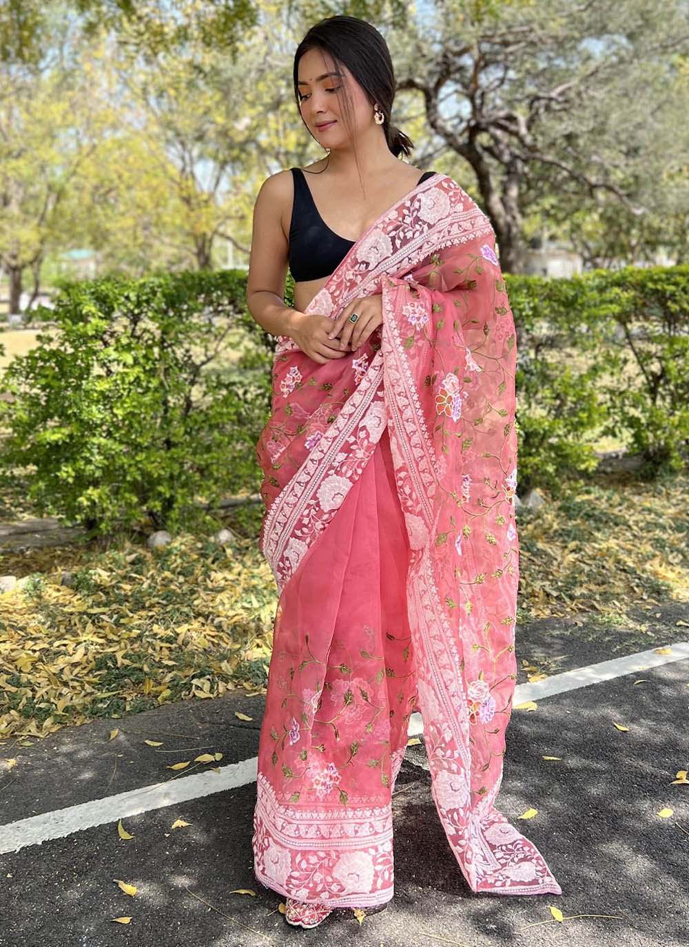 Silk Pink Chikankari Work Trendy Saree