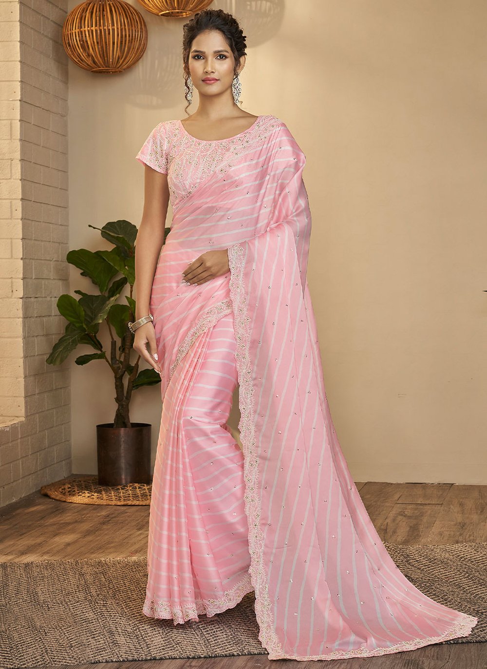 Silk Pink Printed Trendy Saree