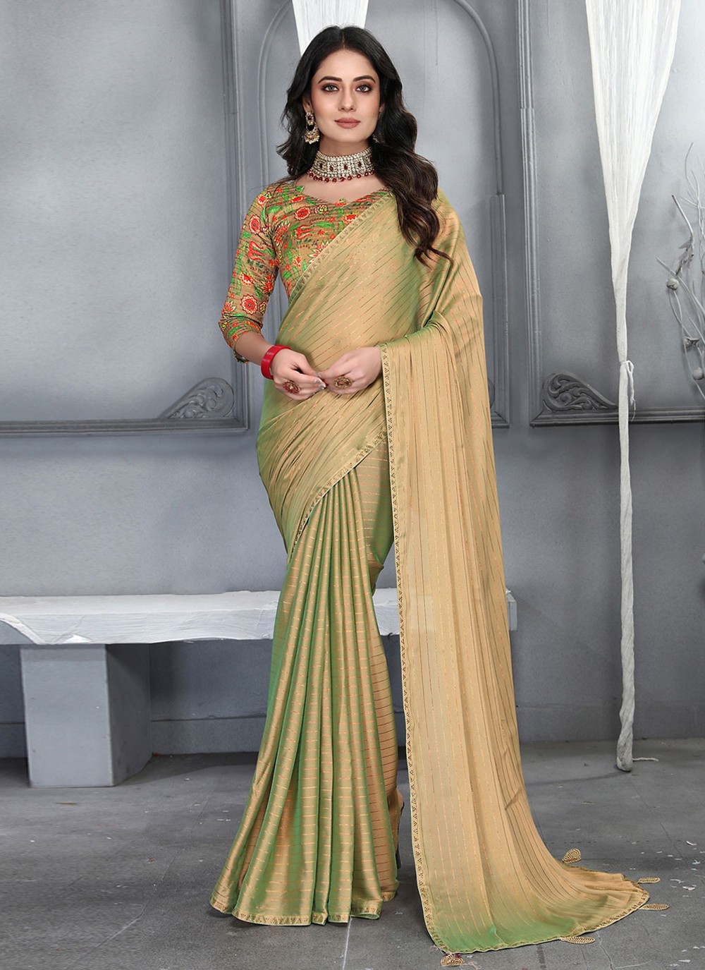 Silk Plain Green Designer Saree