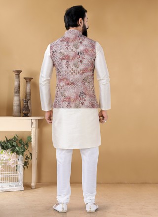 Silk Printed Cream and Multi Colour Kurta Payjama With Jacket