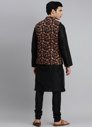 Silk Printed Kurta Payjama With Jacket in Black