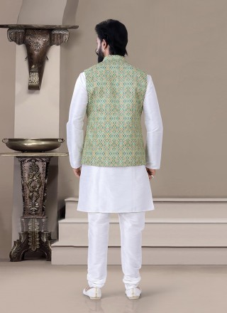 Silk Printed Kurta Payjama With Jacket in Green and White
