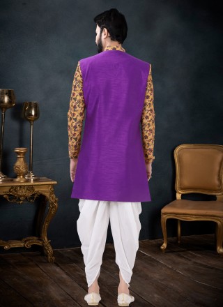 Silk Purple and Yellow Thread Work Indo Western Sherwani