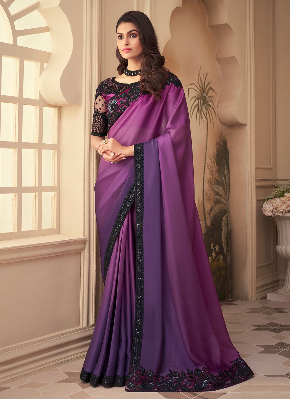 Silk Purple Designer Contemporary Saree