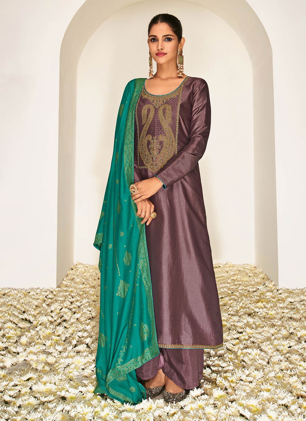 Silk Purple Embroidered Designer Pakistani Salwar Suit