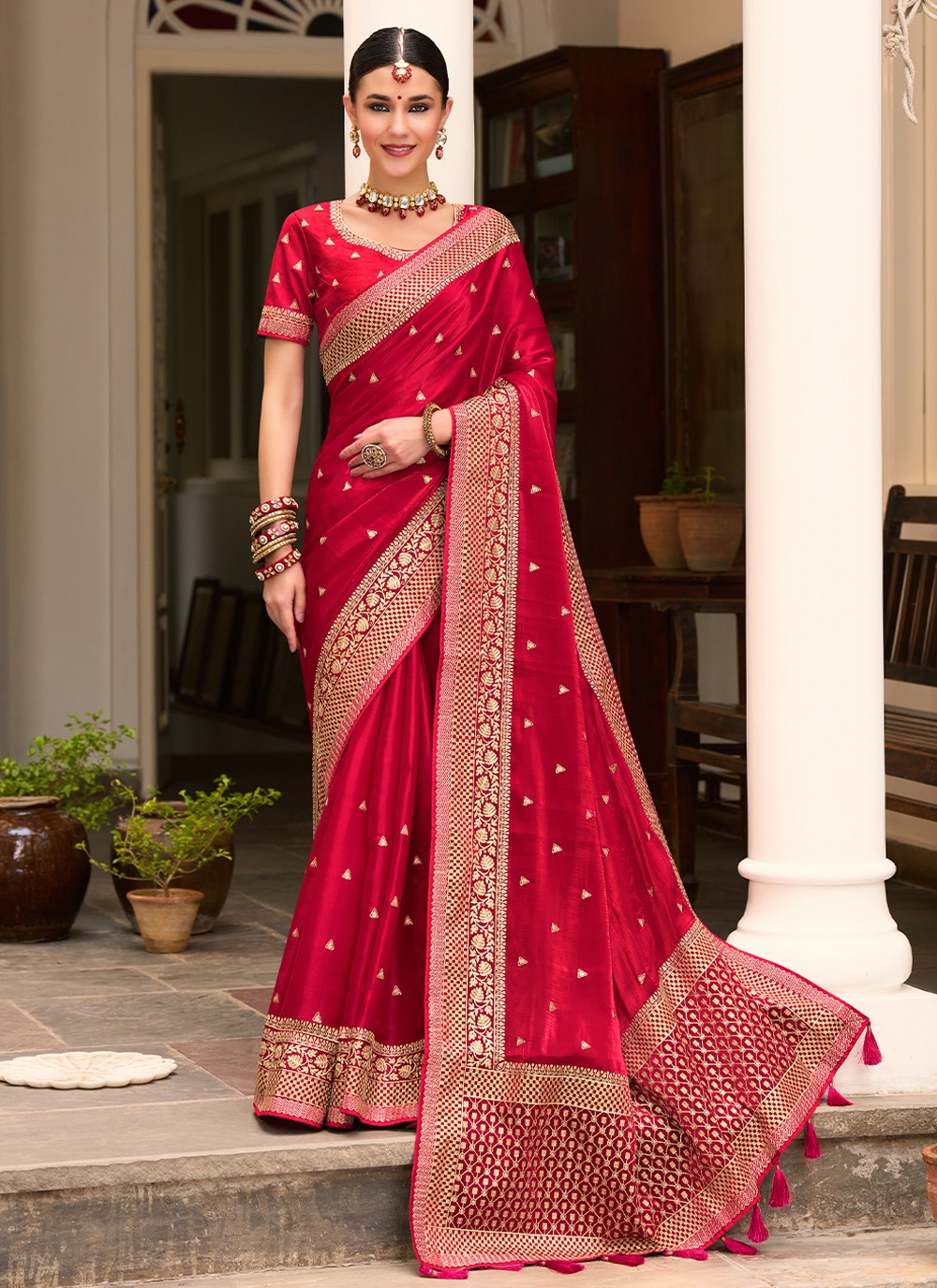 Silk Red Embroidered Trendy Saree
