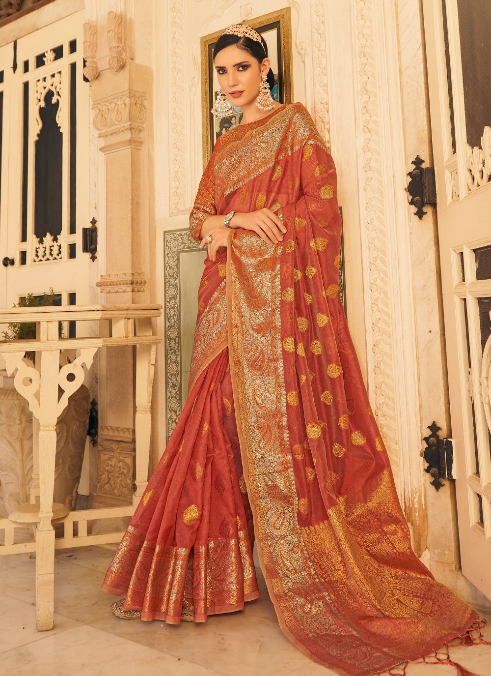 Silk Red Weaving Trendy Saree